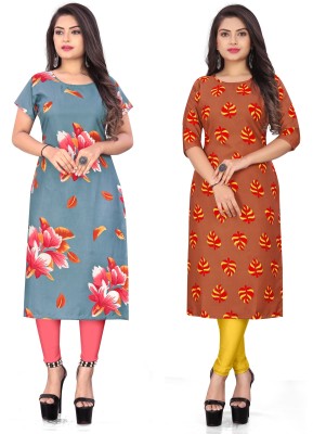 tanvi creation Women Floral Print Straight Kurta(Grey, Orange)