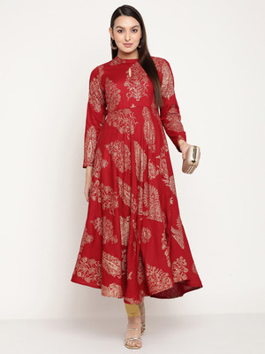 Angkor Women Printed Flared Kurta(Red)