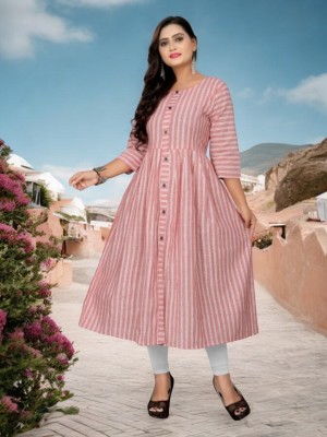 VINH FASHION Women Striped Anarkali Kurta(Pink)