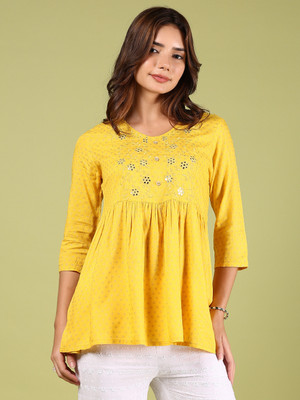 V-MART Women Self Design A-line Kurta(Yellow)