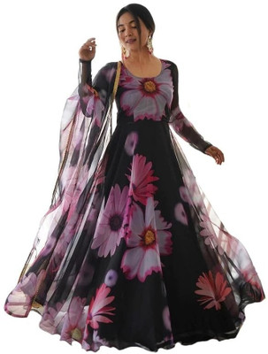 King Creation Women Floral Print A-line Kurta(Black)
