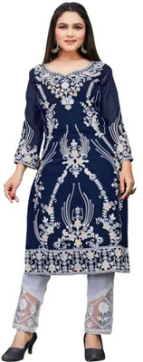 ukc Women Embroidered A-line Kurta(Blue)