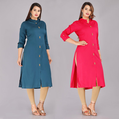 PYARELAL Women Solid Straight Kurta(Green, Pink)
