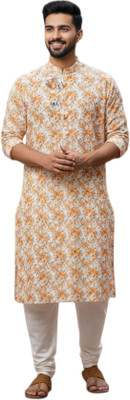 Maansri Men Floral Print, Printed Straight Kurta(Orange)