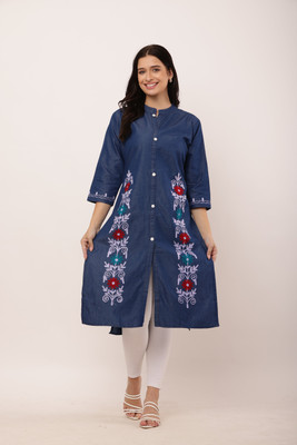 Passionate Women Embroidered A-line Kurta(Blue)