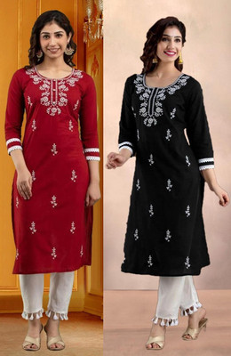 vikshi Women Embroidered Straight Kurta(Black, Maroon)