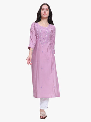 4U Fashion Women Printed Straight Kurta(Purple)