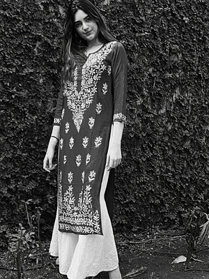 Roop Women Chikan Embroidery Straight Kurta(Black)