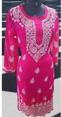 KKHANSHENTP Women Chikan Embroidery Ethnic Dress Kurta(Pink)
