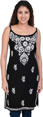 Awadhmart Women Chikan Embroidery Straight Kurta(Black)