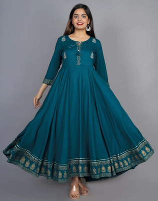 JAS CREATION Women Printed Gown Kurta(Blue)