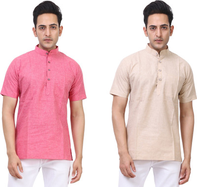 Kavita Fasion Men Solid Straight Kurta(Pink, Beige)