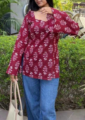 AANJANEYA FASHION Women Printed, Block Print, Floral Print A-line Kurta(Maroon)