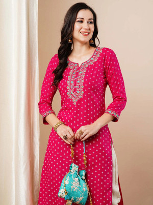 PRISCA Women Floral Print Straight Kurta(Pink)