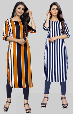 Hiral Creation Women Striped Straight Kurta(Blue, Yellow)