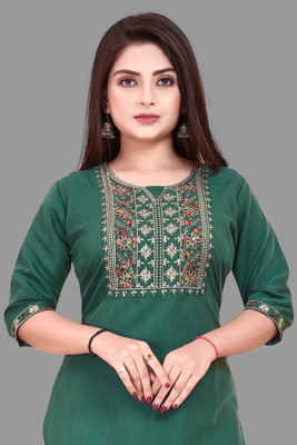 AKK Enterprise Women Embroidered A-line Kurta(Green)