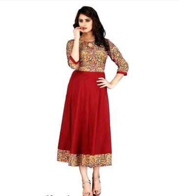 HouseOfCommon Women Printed, Chikan Embroidery Anarkali Kurta(Maroon)