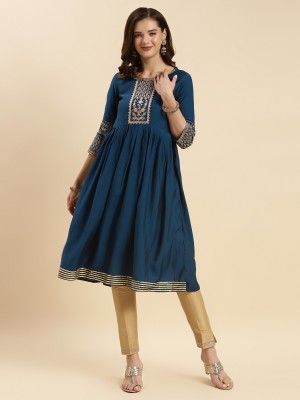 Rangita Women Embroidered Flared Kurta(Blue)