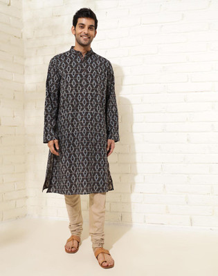 Fabindia Men Printed Straight Kurta(Black)
