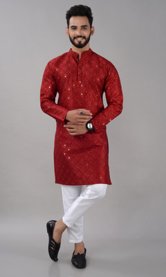 VILLAIN Men Printed A-line Kurta(Red)