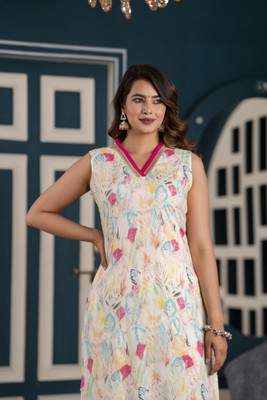 Shedika Women Printed Straight Kurta(Beige)