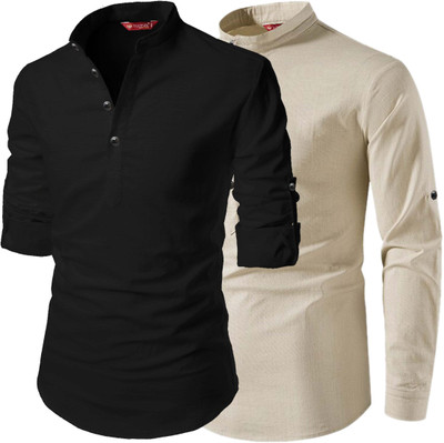 FireFish Men Solid A-line Kurta(Beige, Black)