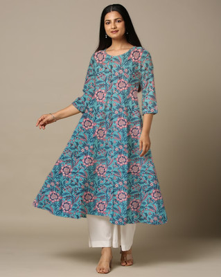 World of Mystery Women Floral Print Anarkali Kurta(Blue)
