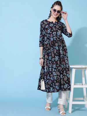 Gulmohar Jaipur Women Printed Flared Kurta(Black)