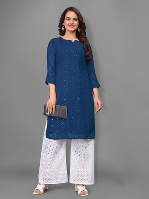 Umolly Women Chikan Embroidery A-line Kurta(Dark Blue)
