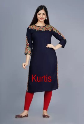 ELVISH JAIPUR Women Embroidered Straight Kurta(Dark Blue)