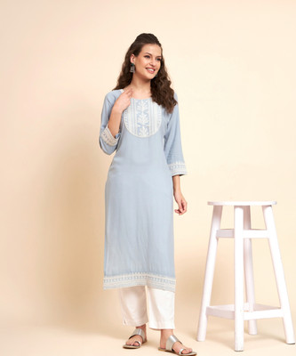 vairagee Women Embroidered Straight Kurta(Light Blue)