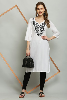Mallory Winston Women Embroidered A-line Kurta(White)