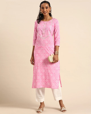 Rajnandini Women Printed Straight Kurta(Pink)