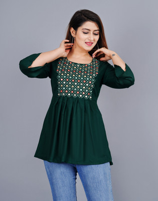 DRASHTI Women Embroidered Flared Kurta(Dark Green)