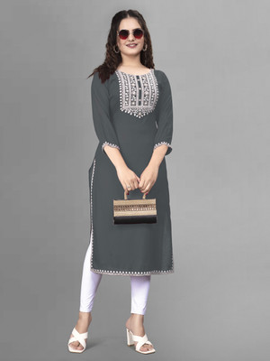 HIFLI Women Embroidered A-line Kurta(Grey)