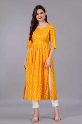 Uroos Women Bandhani A-line Kurta(Yellow, White)