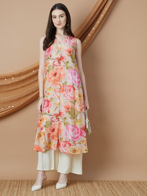 Melange by Lifestyle Women Printed Straight Kurta(Beige)