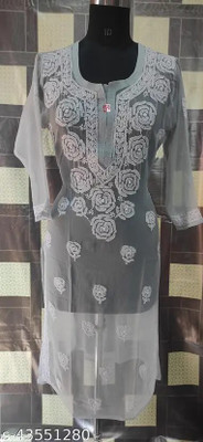 Ekkambar Women Chikan Embroidery Straight Kurta(Purple)