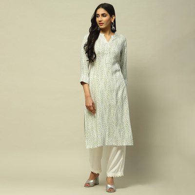 RANGRITI Women Printed Straight Kurta(White)