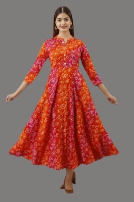 FABRONA Women Printed Flared Kurta(Orange)