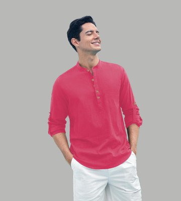 Vida Loca Men Solid Straight Kurta(Pink)