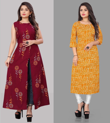 tanvi creation Women Printed Straight Kurta(Maroon, Yellow)