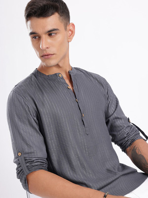 Anouk Rustic Men Self Design Straight Kurta(Grey)