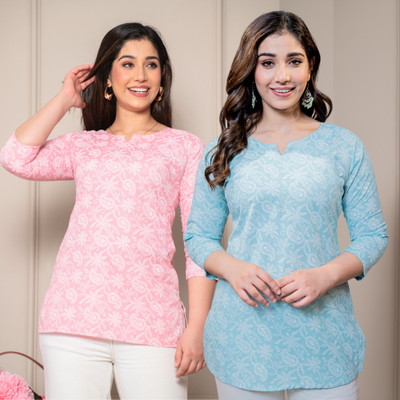 I N ENTERPRISES Women Floral Print Straight Kurta(Pink, Blue)