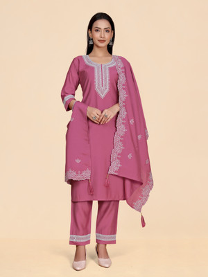 Flute Fashion Women Embroidered Straight Kurta(Purple)