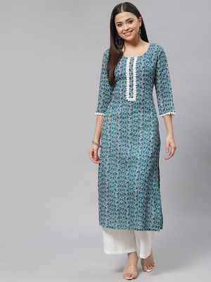 mokshi Women Floral Print Straight Kurta(Green)