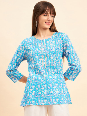 Neesh Women Floral Print Straight Kurta(Blue)