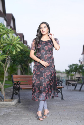 shreambe fashion Women Printed A-line Kurta(Black, Pink)