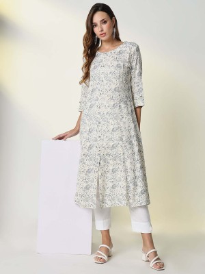 Showoff Women Floral Print A-line Kurta(Beige)