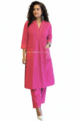 trendpe Women Solid, Embroidered Straight Kurta(Pink)